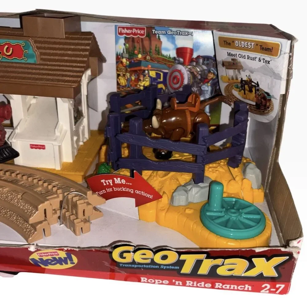 New Fisher-Price GEO TRAX Rope'n Ride Ranch The Oldest Team Meet Old Rust & Tex